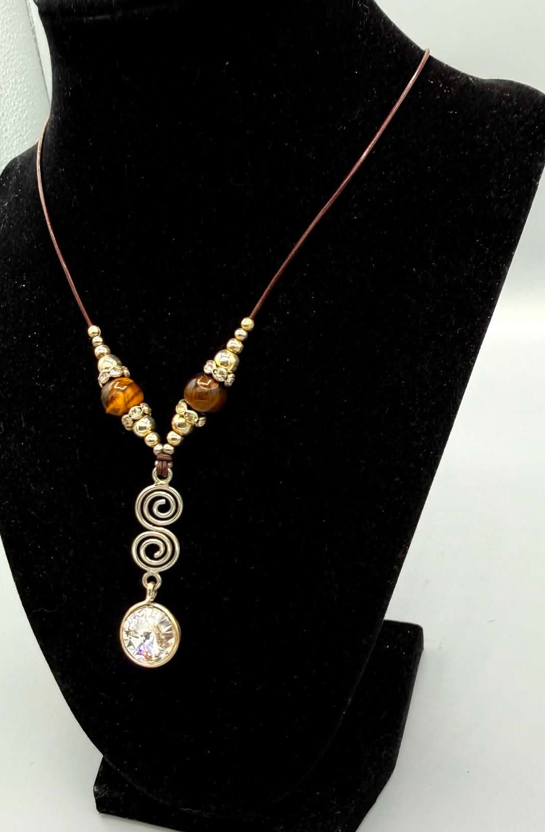 Silver Spiral Tiger’s Eye & Swarovski Necklace - Twysted Treasures